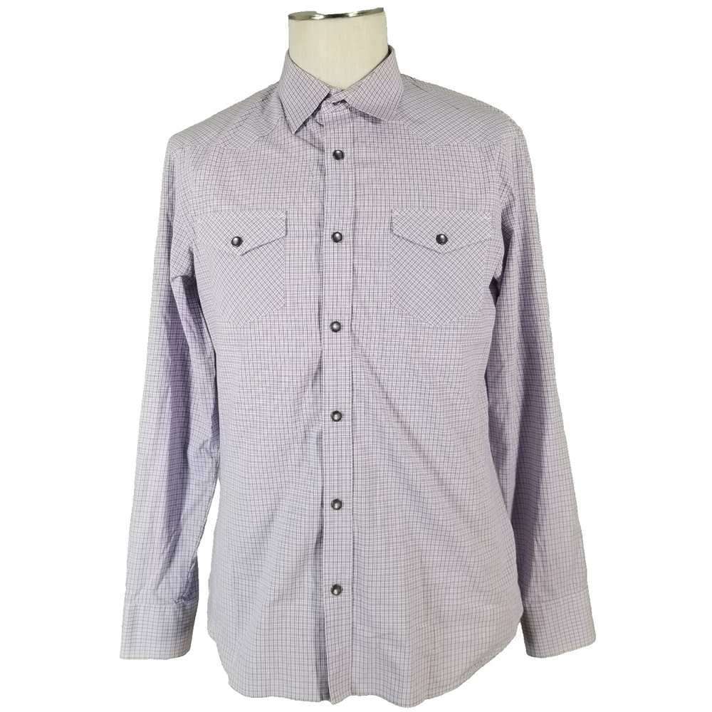Banana Republic Shirt Mens M Purple Plaid Western Pearl Snap Retro Flex Stretch